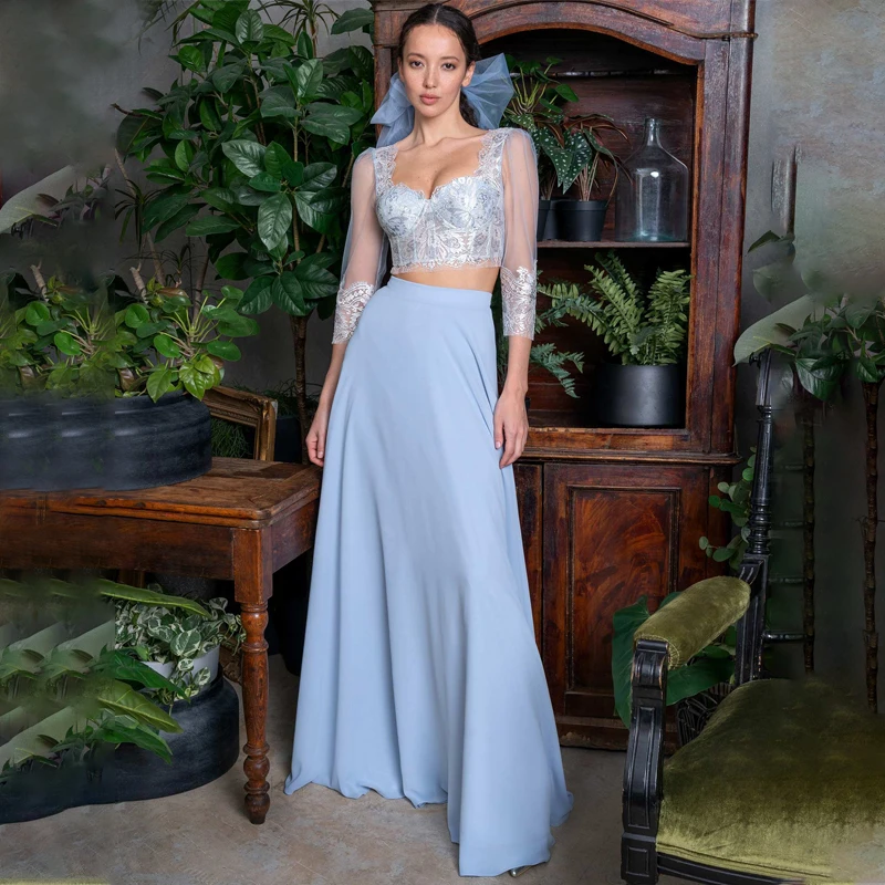 Two-piece Sweetheart Lace Crop Long Sleeve Evening Dress Chiffon Skirt And Zipper Prom Gowns
Two-piece Sweetheart Lace Crop Long Sleeve Evening Dress Chiffon Skirt And Zipper Prom Gowns