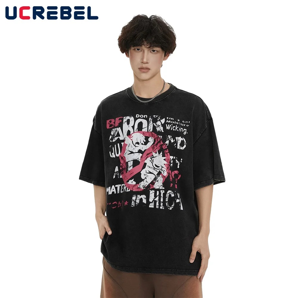 

Streetwear Cartoon Print Short Sleeve T-shirt Mens Summer Washed Distressed Loose Crew Neck Half-Sleeve Cotton Tee Men Tops