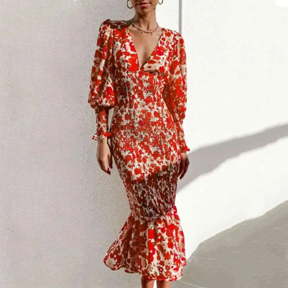 Lady Evening Dress Flower Print Lantern Sleeve Deep V Neck Patchwork Ruffle Mid-calf Length Elastic Waist Women Long Dress
Lady Evening Dress Flower Print Lantern Sleeve Deep V Neck Patchwork Ruffle Mid-calf Length Elastic Waist Women Long Dress