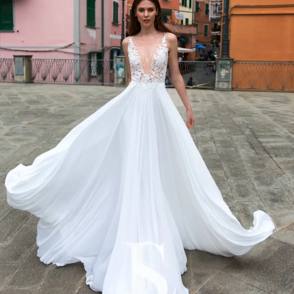 

Cheap A Line Lace Beach Wedding Dresses Sheer Deep V Neck Beaded Boho Bridal Gowns Appliqued Sweep Train Chiffon robe de mariée