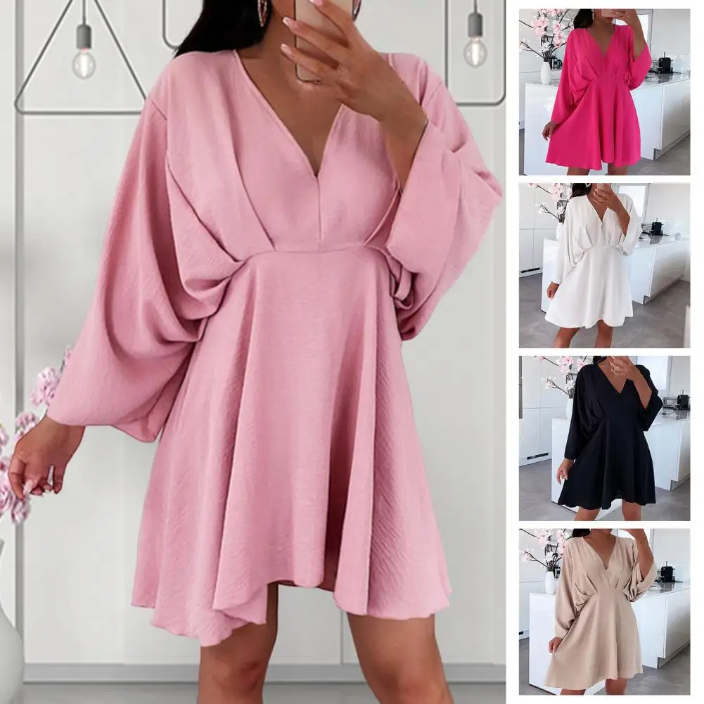 

V Neck Waist Tight High-Waist Irregular Flowy Hem Summer Dress Solid Color Batwing Long Sleeve Casual Mini Dress Female Clothing