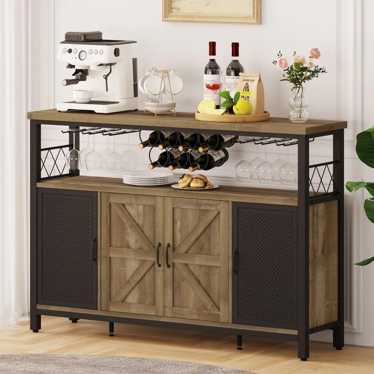 Industrial Bar Cabinet with Wine Rack, Farmhouse Liquor Cabinet for Home, Sideboard Buffet with Storage, Rustic Coffee Bar,
Industrial Bar Cabinet with Wine Rack, Farmhouse Liquor Cabinet for Home, Sideboard Buffet with Storage, Rustic Coffee Bar,