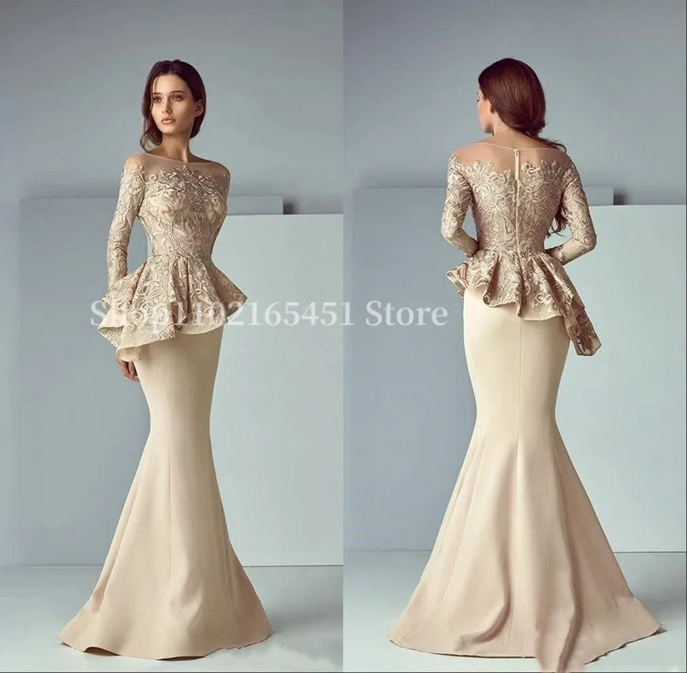 Arabic Mermaid Mother of the Bride Dresses Champagne Evening Formal Gowns with Peplum Sheer Neck Long Sleeve Wedding Party Gowns
Arabic Mermaid Mother of the Bride Dresses Champagne Evening Formal Gowns with Peplum Sheer Neck Long Sleeve Wedding Party Gowns