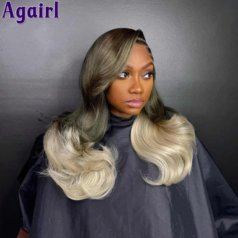 

Ombre Ash Brown Blonde With Grey 13X6 Wavy Lace Front Human Hair Wig 613 Colored 13x4 Lace Frontal Body Wave Wig PrePlucked 180%