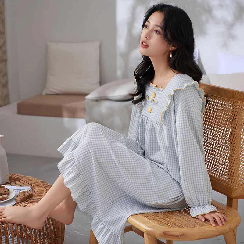 Autumn Plaid Nightdress Long-sleeve Long Nightgowns Cotton Casual Tracksuit Pijamas Mujer Sweet Princess Style Skirt Sleepwear
Autumn Plaid Nightdress Long-sleeve Long Nightgowns Cotton Casual Tracksuit Pijamas Mujer Sweet Princess Style Skirt Sleepwear