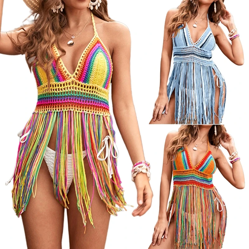 

Women Beach Crochet Halter Top Boho Rainbow Colorful Striped Fringe Tassels Cover Up Sexy V-Neck Knit Swimwear Dropship