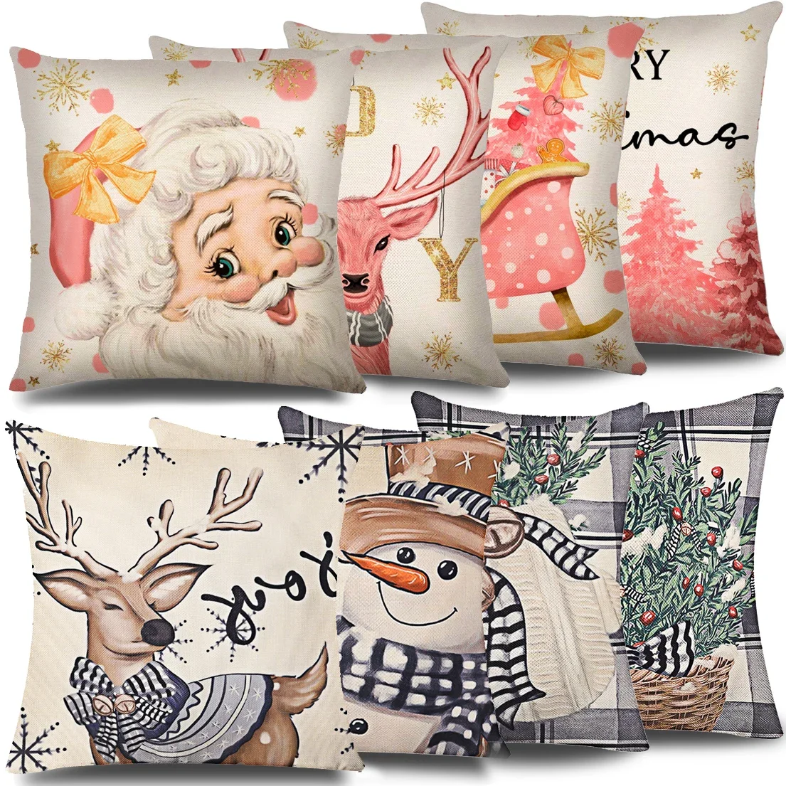 

45*45cm Throw Pillow Cases Cotton Linen Christmas Santa Claus Snowman Reindeer Pillowcase Sofa Couch Cushion Cover Decoration