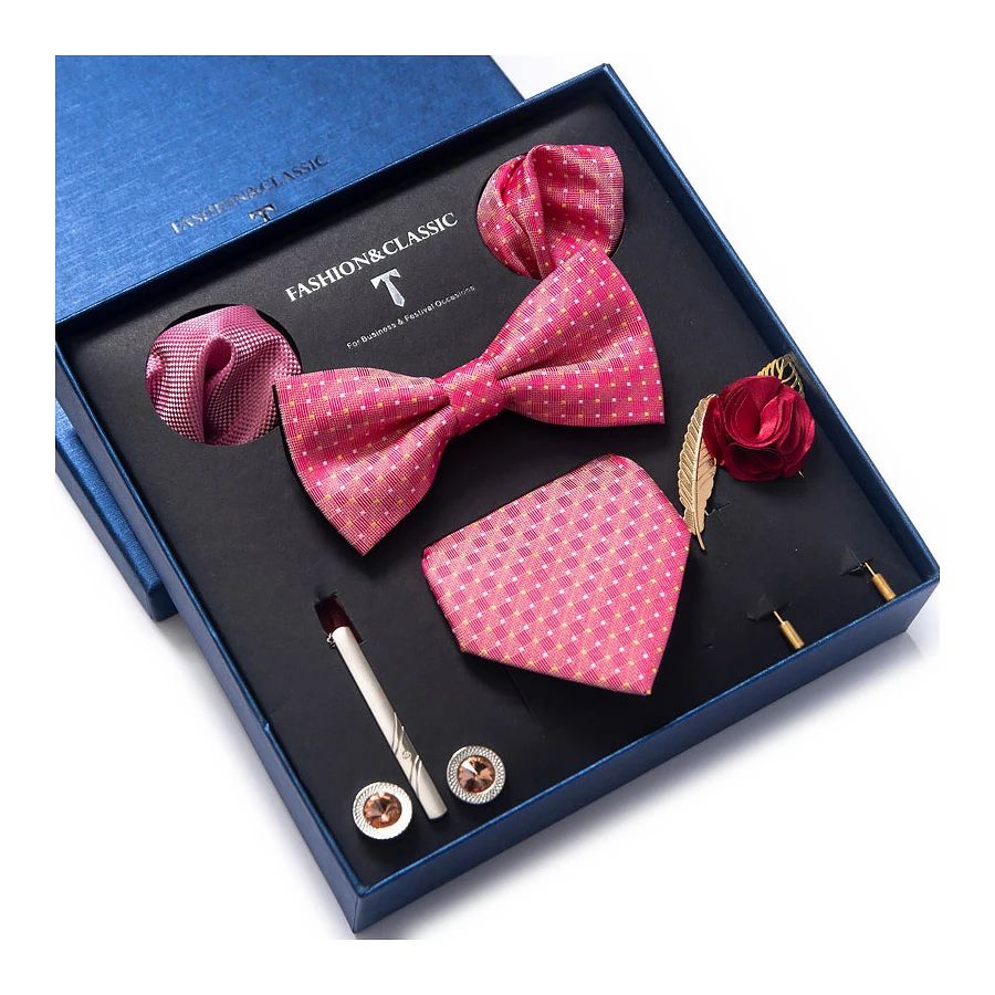 

Vangise Brand Factory Sale Festive Present Bow Tie Handkerchief Pocket Squares Cufflink Set Clip Necktie Box Man's Gold