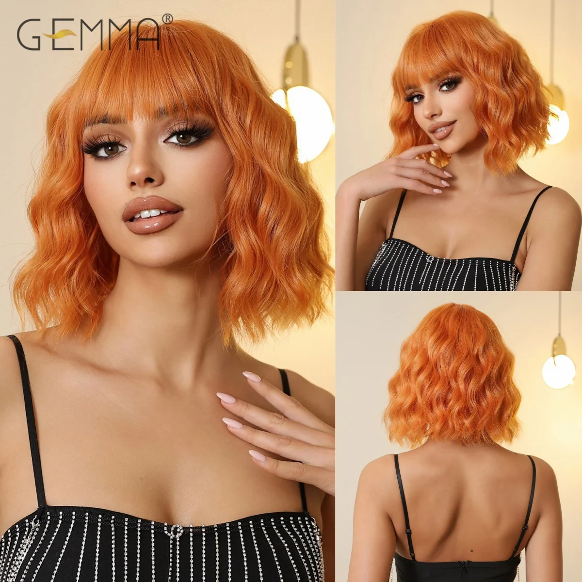 

Orange Short Curly Synthetic Wig with Bangs Cosplay Wavy Bob Wigs for Women Afro Party Daily Fake Hair Heat Resistant Fibre