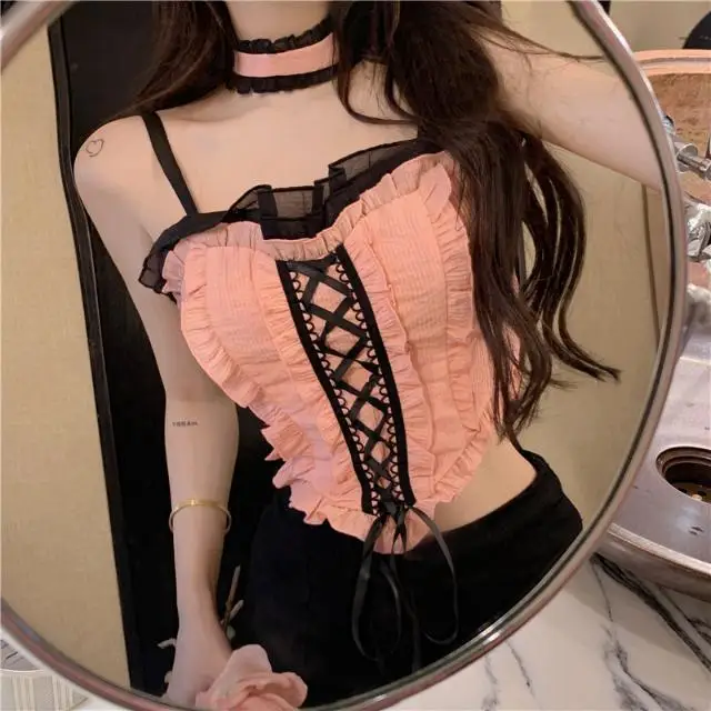 

Lotus Leaf Camisole Vest Pink Heavy Industry Female Summer Sweet Hot Girl Pure Desire Short Sexy Inner Tops and Outer Wear