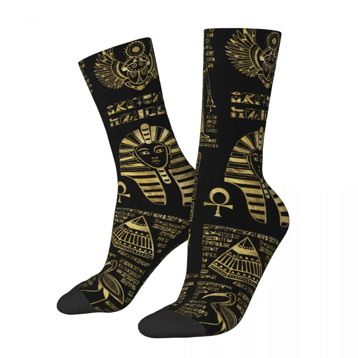 

New Men's Socks Harajuku Egyptian Hieroglyphs And Deities Gold On Black Sock Egypt Sport Women Socks Spring Summer Autumn Winter