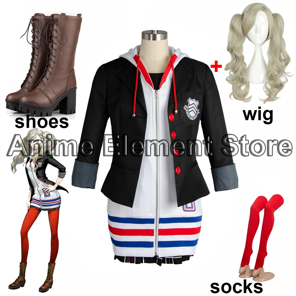 

Костюм для косплея Persona 5 Anne Takamaki, парик, искусственная куртка на Рождество, Хэллоуин, пальто, платье, юбка, чулки, женская одежда