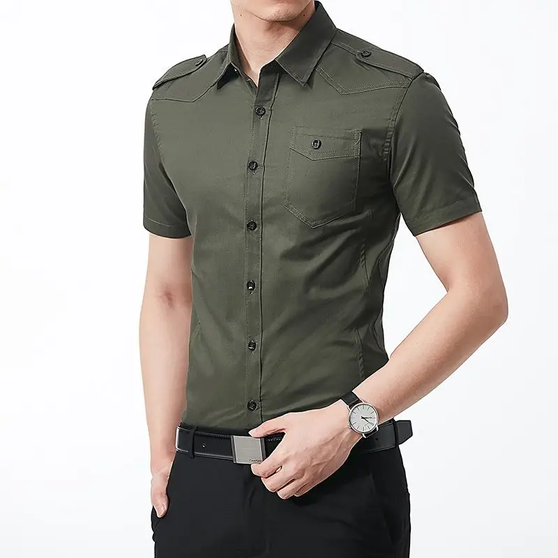 

Summer New Workwear Short Sleeved Shirt Men Solid Lapel Collar Button Pocket Patchwork Epaulet Pure Cotton Casual Thin Top 2024