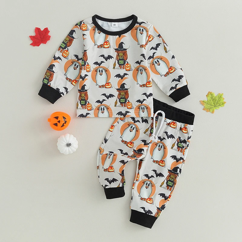 

Toddler Girls Boys Fall 2Pcs Outfits Cotton Clothes Halloween Pumpkin Cartoon Cow Bat Print Sweatshirts Long Pants Set