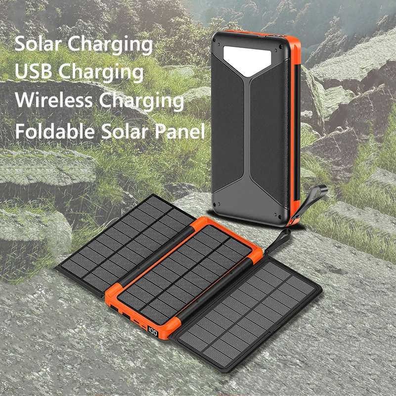 

Foldable Solar Panel Power Bank 20000mAh Wireless Charger Powerbank for iPhone 15 14 Samsung Huawei Xiaomi Poverbank with Light