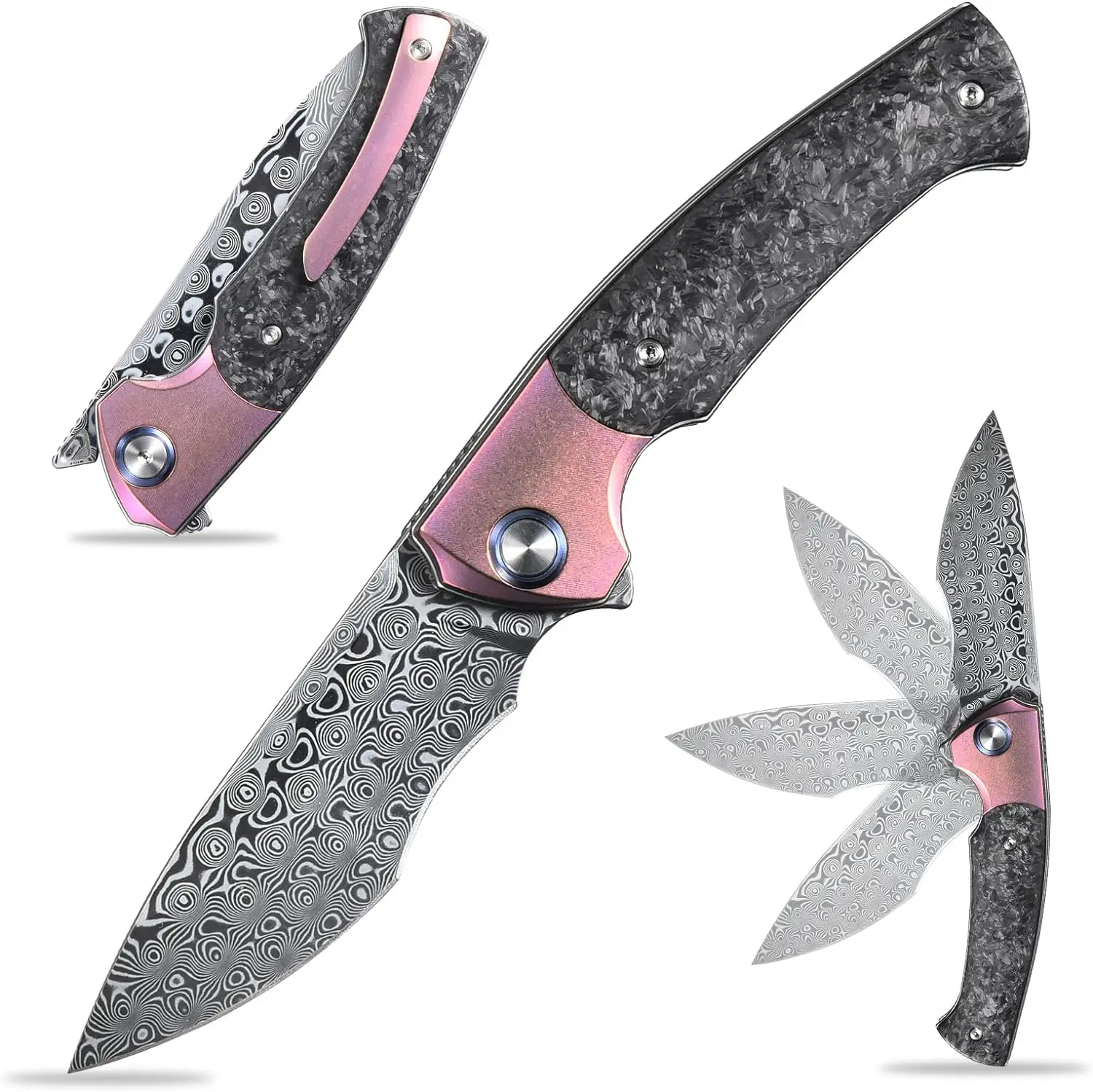 

Sitivien ST255 Folding Knife Damascus Rose Print Pattern Blade Titanium Carbon Fiber Handle EDC Knifes for Camping Work Hiking