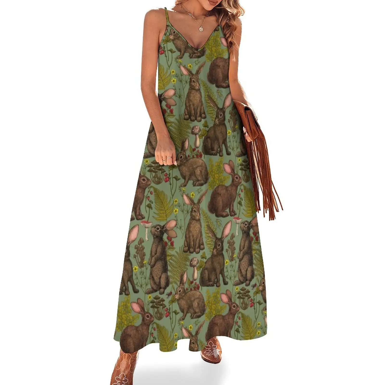 

Rabbits and woodland flora Sleeveless Dress womens dress Evening dresses