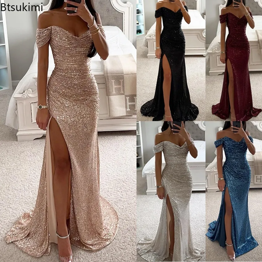 

2024 Women's Luxury High Split Club Party Evening Dress Sexy Banquet Slim Waisted Female Dress Elegant V-Neck Slim Long Dress