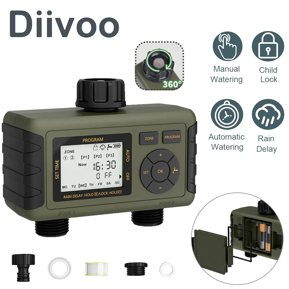 Diivoo Automatic Irrigation Water Timer 2 Zone, Garden Multi-Functional Irrigation Sprinkler Timer, Rain Delay & Manual Watering
Diivoo Automatic Irrigation Water Timer 2 Zone, Garden Multi-Functional Irrigation Sprinkler Timer, Rain Delay & Manual Watering