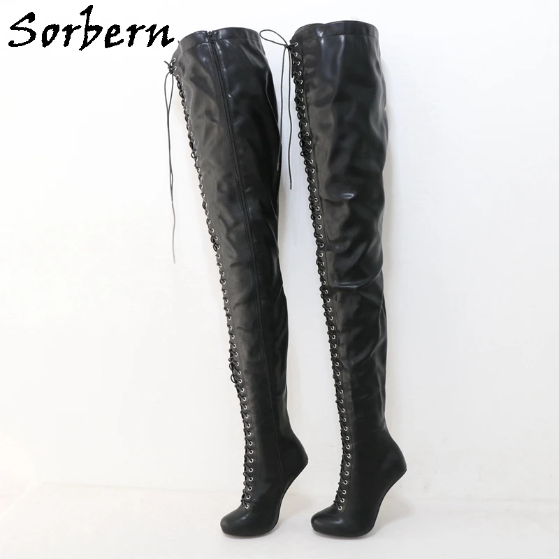 

Sorbern 90cm Heelless Super Long Boots Vintage Round Toe Burlesque Crotch Thigh High Arch Shoes Unisex Custom Leg Size