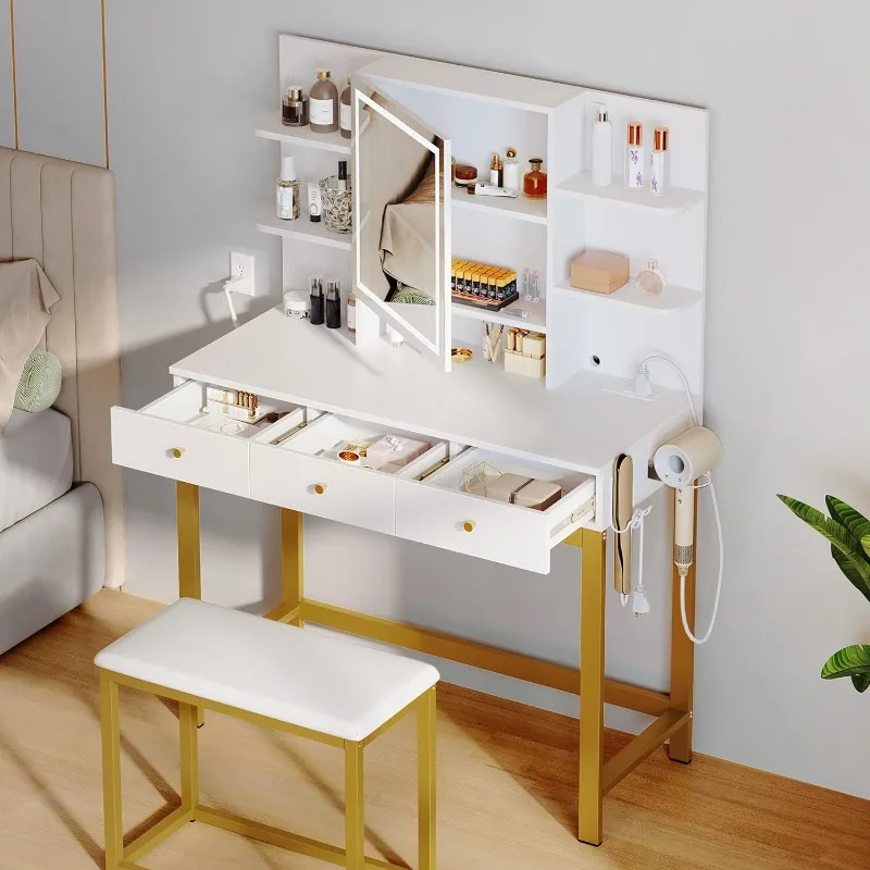 39.5 W Makeup Vanity Desk Set with LED Lighted Mirror and Power Outlet, Adjustable 3 Lights Modes, Vanity Table with Stool
39.5 W Makeup Vanity Desk Set with LED Lighted Mirror and Power Outlet, Adjustable 3 Lights Modes, Vanity Table with Stool
