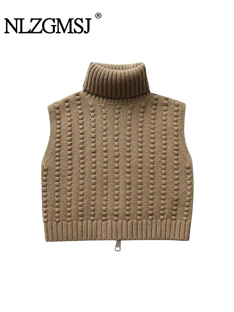 

TRAF 2024 Autumn Turtleneck Knitted Vest Woman Cropped Sleeveless Sweater Vests For Women Back Zipper Vests Women Pullovers Top