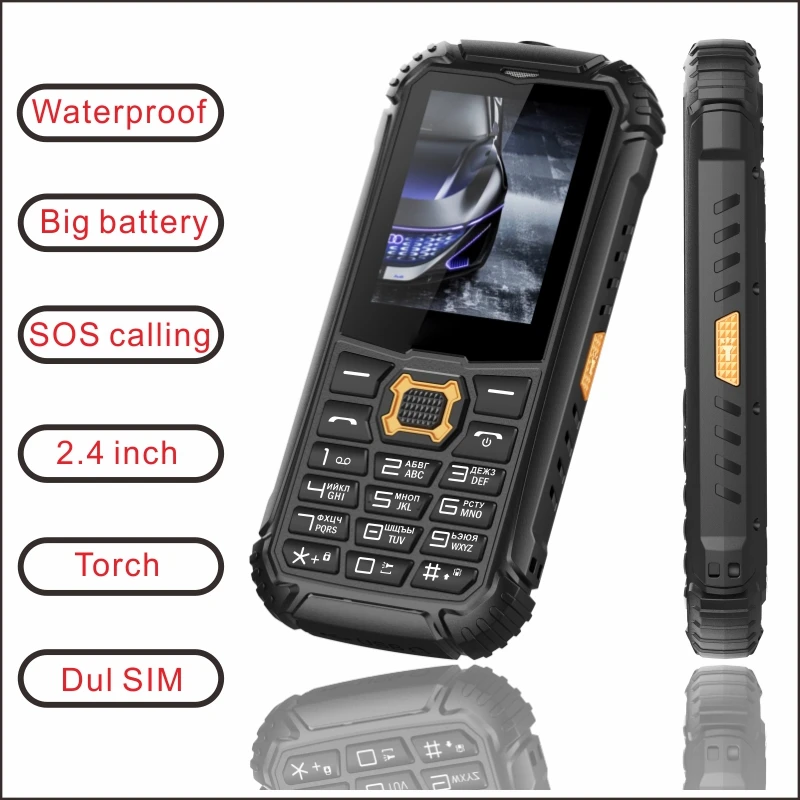 

EAOR 2G SOS Feature IP68 Rugged Phone Waterproof Dustproof Keypad Dual SIM 2000mAh Big Battery Push-button Phone side key Torch