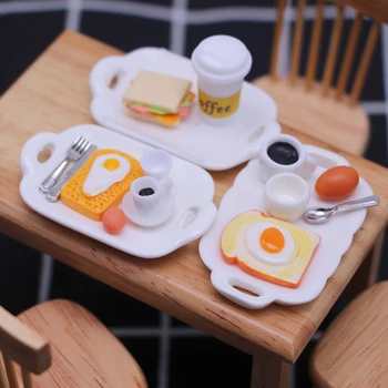 인형의 집 미니어처 아침 식사 햄버거, 크로와상 버터 빵, 토스트 우유 계란 커피 나이프 포크 스푼, 트레이 포함 주방 음식