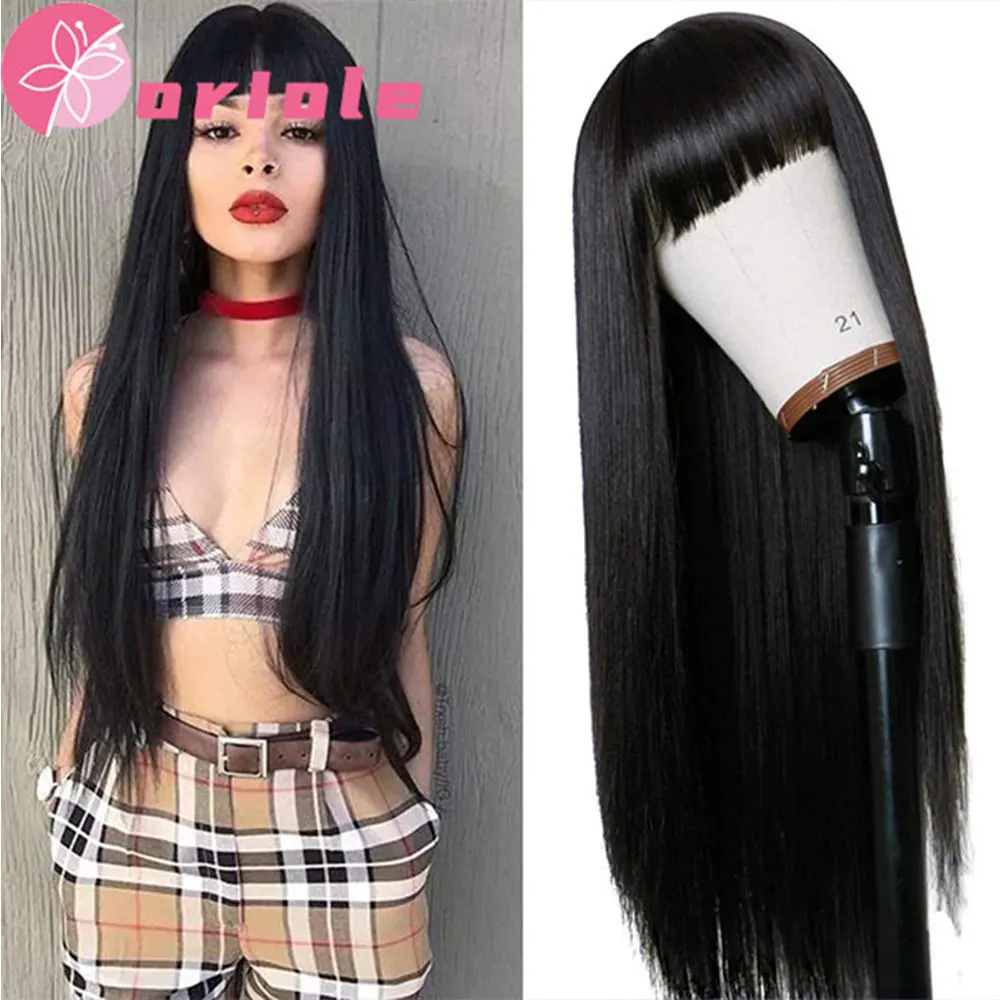 

Brazilian Human Hair Wig With Bangs Full Machine Made Straight Fringe Wigs For Women Natural Bang Wig 30 Inch Glueless Remy Hair