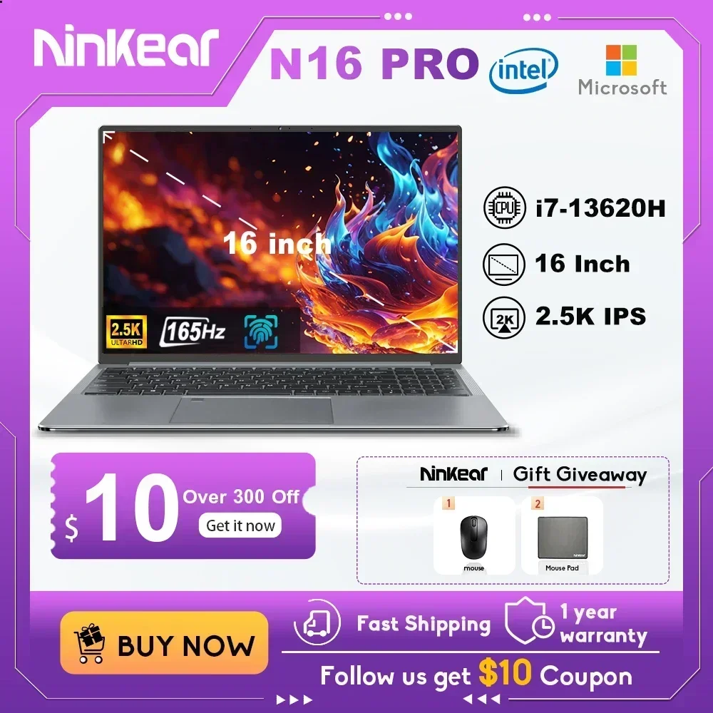 

Ноутбуки Ninkear N16 Pro, 16 дюймов, Intel Core i7-13620H 2,5 K 165Hz WiFi 6 32GB RAM 1TB SSD, игровой компьютер, ноутбук Windows 11, ноутбук