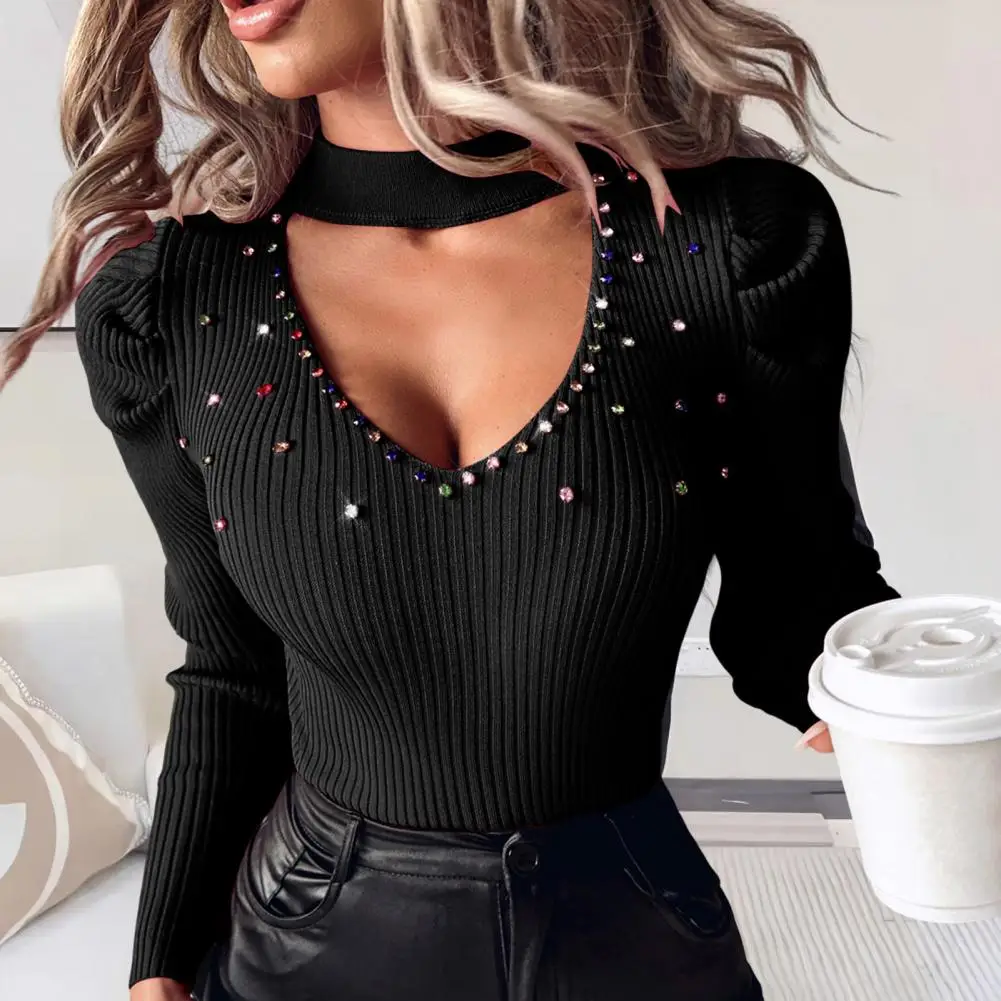 

Women Beaded Neck Top Stylish Women's Rhinestone Studded Knitwear V-neck Tops Hollow Out Sweater Slim Fit Blouse Office Lady