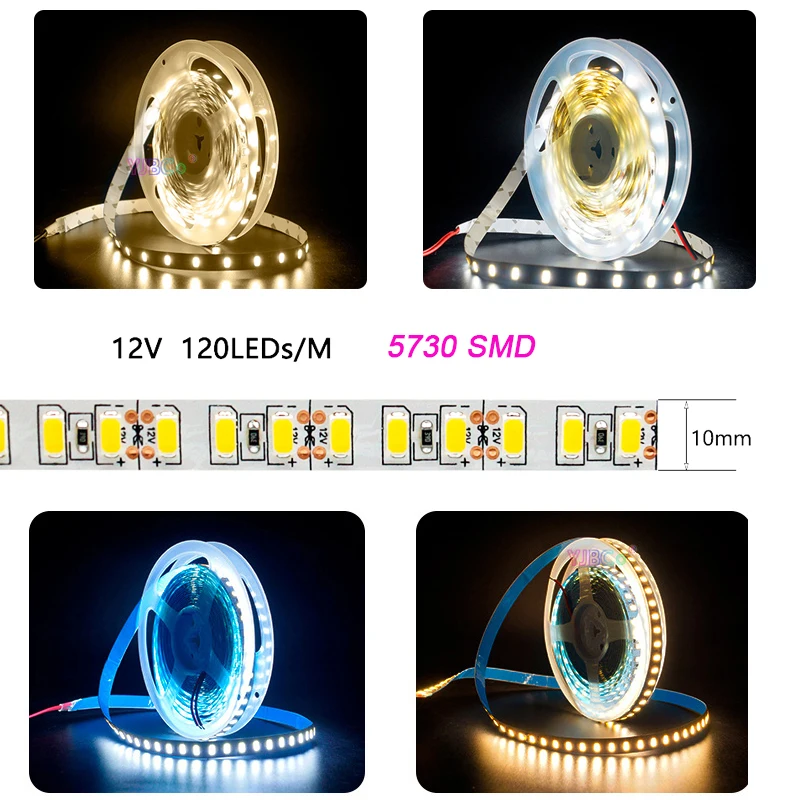 

12V DC 5M SMD 5730 Flexible LED Strip 120LEDs/M White / Warm white / Natural White Lamp Tape IP20 10mm White PCB LED Bar Lights