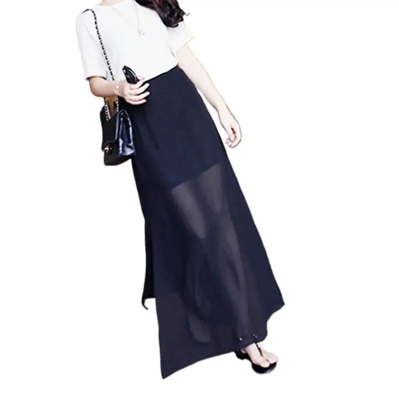 

Модные корейские женские длинные шифоновые юбки макси, сексуальная юбка с разрезом, большие размеры, богемные пляжные юбки черные белые красные Феи гранж