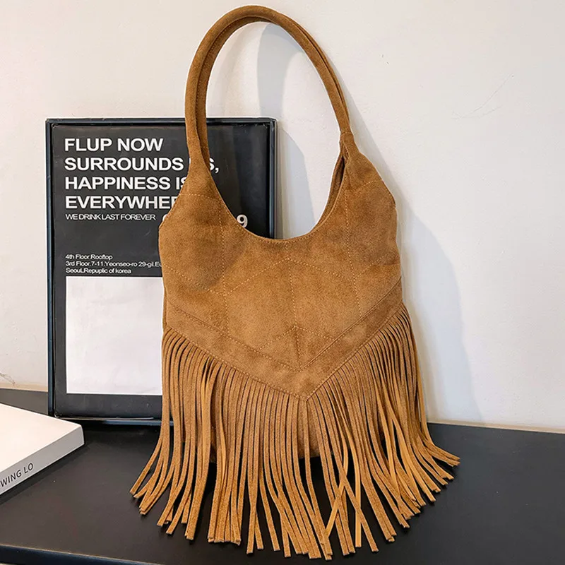 

Fashion Trending New in Women Shoulder Bags Luxury Designer Totes Handbags For Women 2024 Tassel Female Purses Suede Bucket Bag