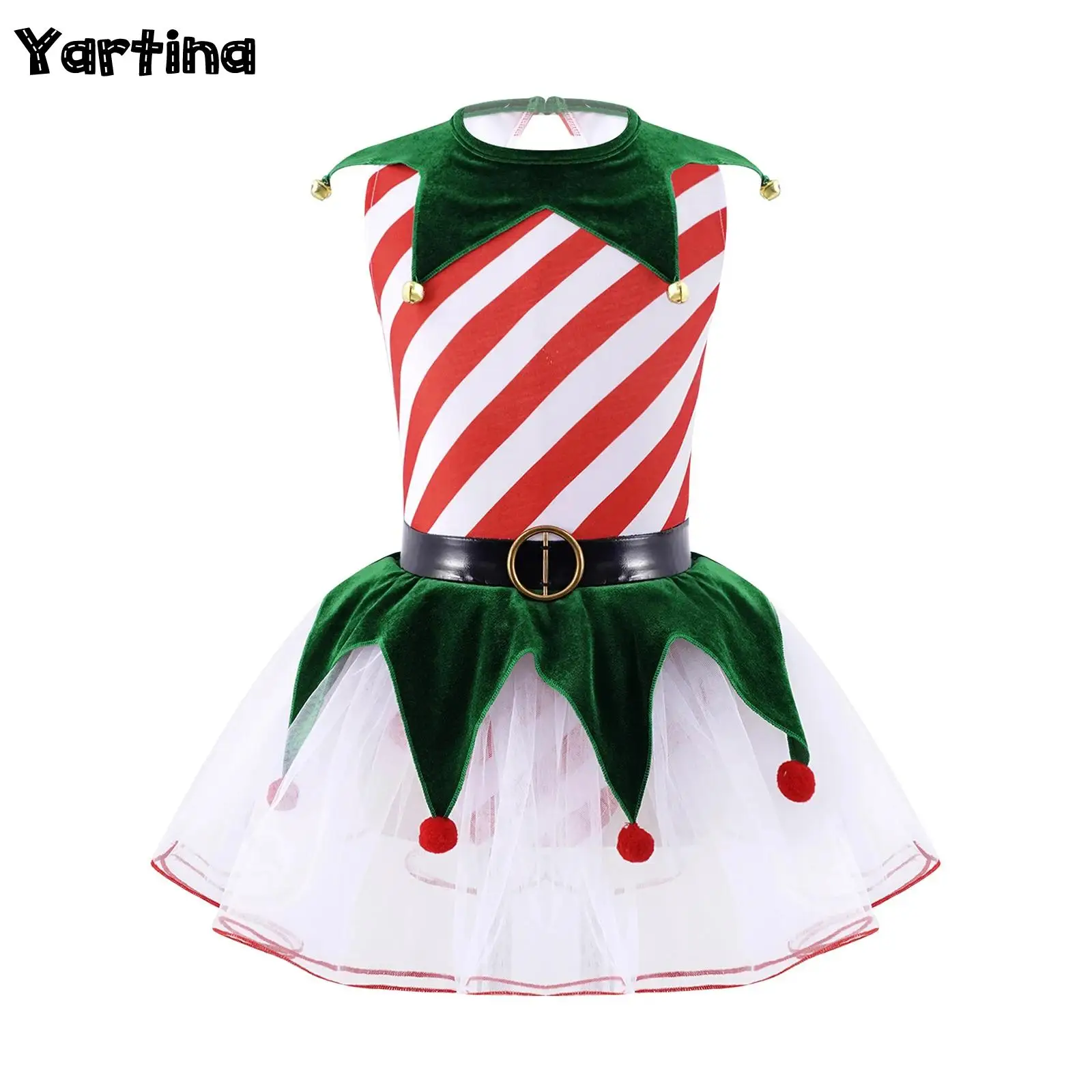 

Kids Girls Elf Christmas Santa Cosplay Costume Stripes Print Inverted Triangle with Bells Pom Pom Mesh Fairy Ballet Tutu Dress