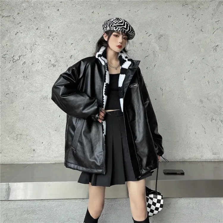 

Lamb Wool Chessboard Grid Coat Female Autumn New Black Reversible Jackets Y2k E-Girl Thicked Warm Cotton Tops Women