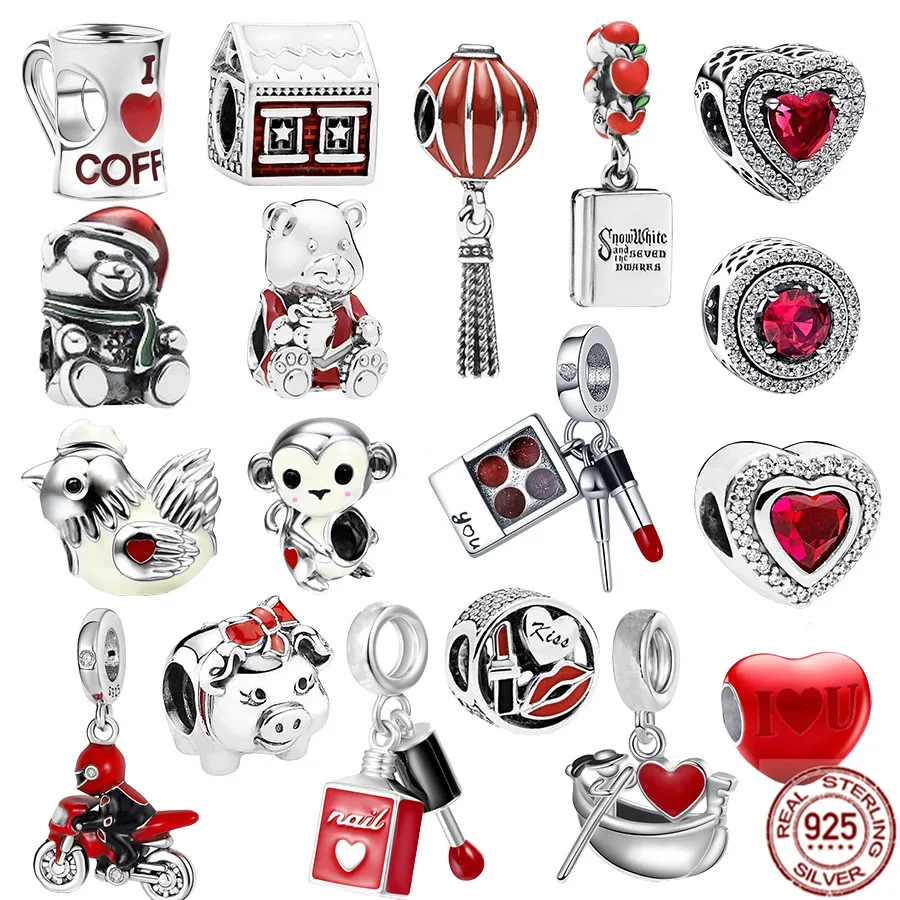 

Red 925 Sterling Silver Sparkling Leveled Heart Charm Nail Polish Double Dangle Bead Fit Original Pandora Bracelet Jewelry Gift