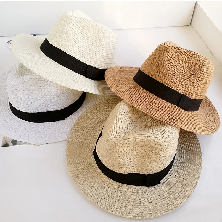 

Ladies Hat Summer Tide Korean Version British Flat Brim Hat Men's Shade Travel Beach Hat Jazz Bow Straw Hat Female Couple Hats