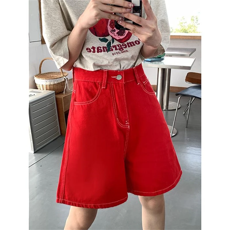 

Women's Red Denim Shorts Summer New Vintage Street Style Young Girl High Waisted Half Pants Female Casual A-Line Straight Shorts