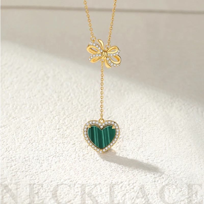 

S925 Sterling Silver Fashion Advanced Natural Malachite Love Tassels Heart Knot Necklace Women's Clavicle Chain Pendant Jewelry