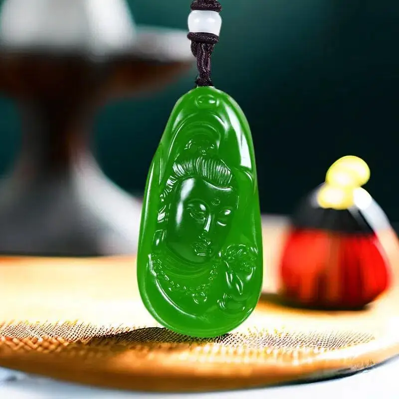 

Ожерелье с подвеской из натурального зеленого нефрита Гуаньинь натуральная яшма китайский амулет мужские очаровательные талисманы аксессуары драгоценный камень резные ювелирные изделия