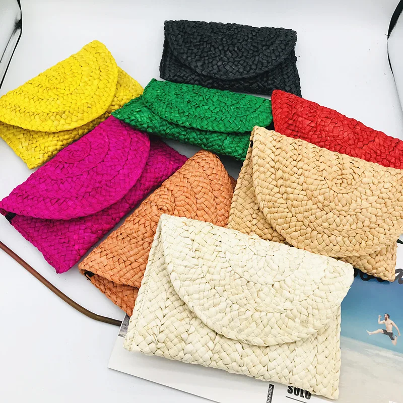 

Women Fashion Flap Envelope Bags Summer Beach Bag Handmade Wallet Straw Knitted Handbag Lady Coin Phone Long Purse Clutches