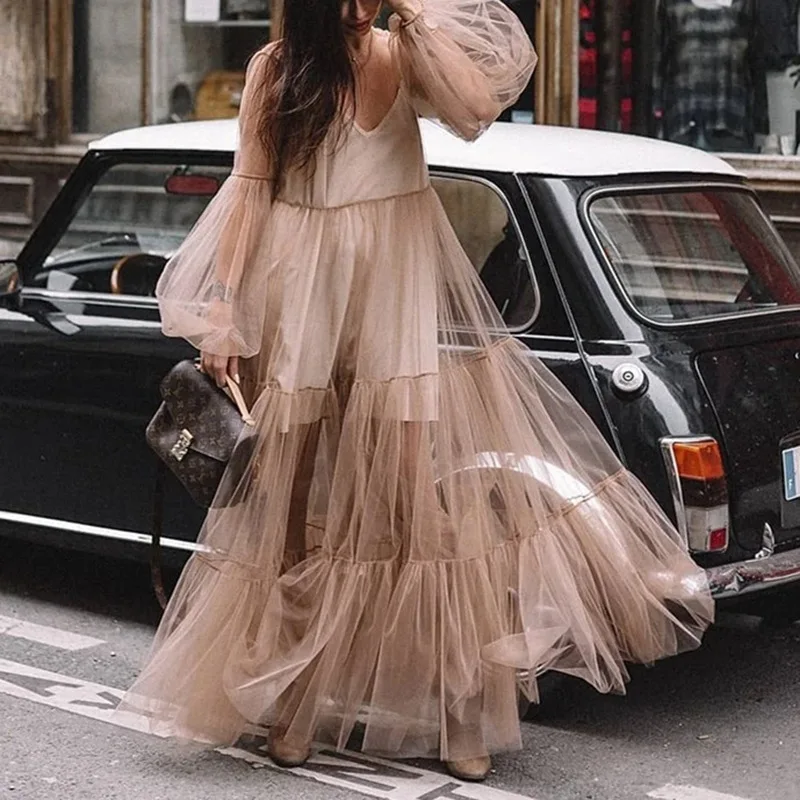 

New Women One Piece Spring Summer Bubble Sleeve Mesh Long Dress Soft Loose Fashion Outdoor Party Sweet