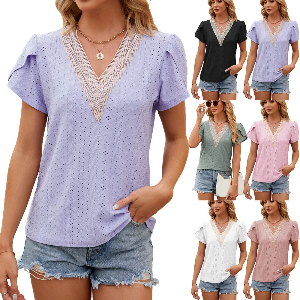 Women's Lace Stitching Loose Short-Sleeved T-shirt, V-Neck Top, Spring and Summer
Women's Lace Stitching Loose Short-Sleeved T-shirt, V-Neck Top, Spring and Summer