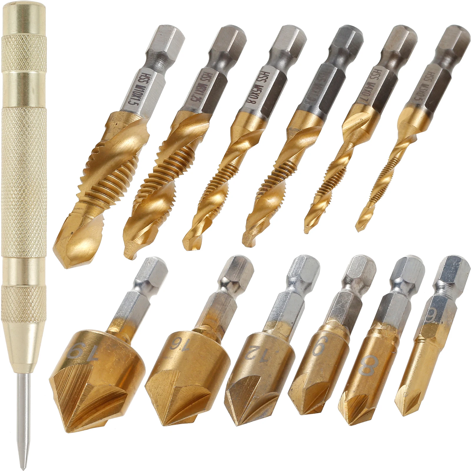 13Pcs M3-M10 Screw Tap Drill Bits Tap Counter Sink Deburr Metric High Speed Steel 1/4Inch Quick Change Hex Tool For Woodworking
13Pcs M3-M10 Screw Tap Drill Bits Tap Counter Sink Deburr Metric High Speed Steel 1/4Inch Quick Change Hex Tool For Woodworking