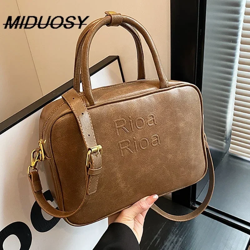 

Retro Portable Briefcase Washed Distressed Bowling Bag Women's 2023 Large Capacity Boston Bag Crossbody Small Square Bag