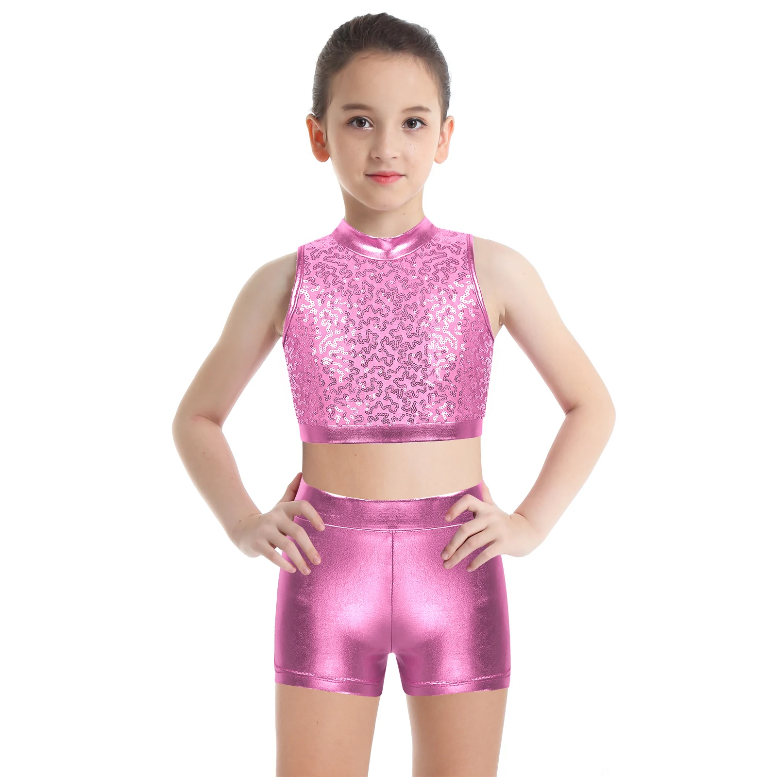 

Kids Girls 2Pcs Metallic Dancewear Outfit Sparkly Sleeveless Crop Top with Bottoms Set for Ballet Jazz Tap Hip Hop Dancewear