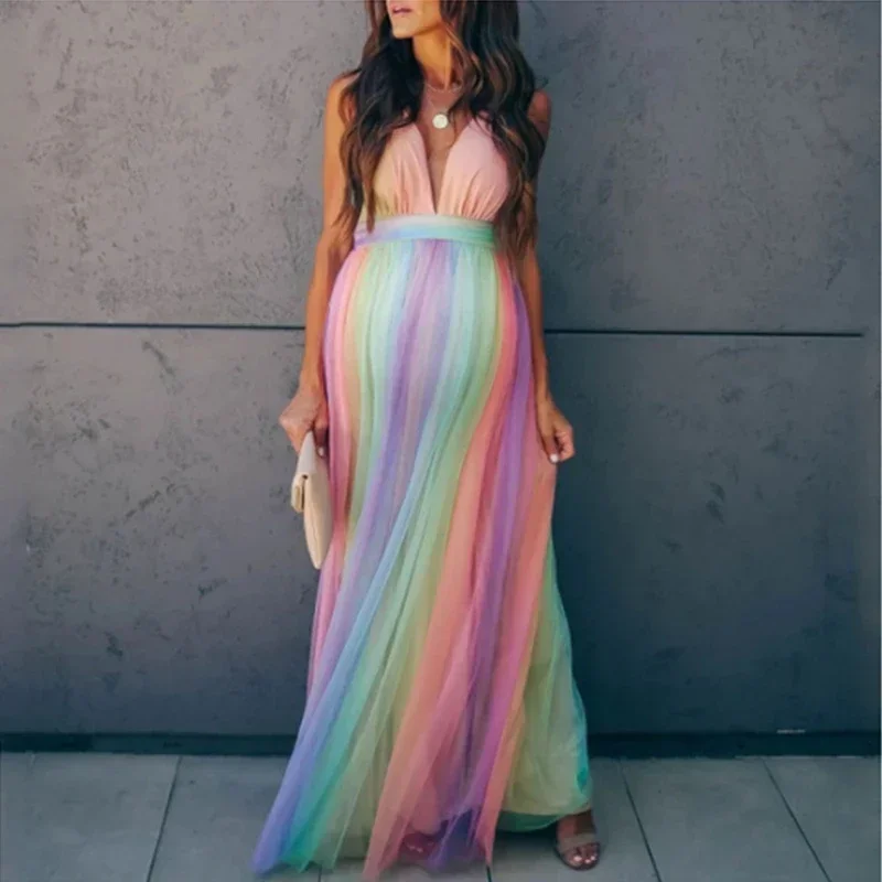 

Sexy Maternity Dresses Photography Long Pregnancy Photo Shoot Prop For Baby Showers Party Rainbow Tulle Pregnant Women Maxi Gown