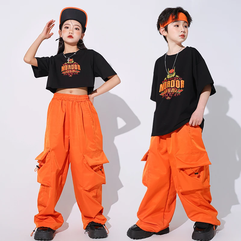 

Girls Hip Hop Black Tee Orange Sport Pants Kids Street Dance Slacks Children Streetwear Costume Teen Ballroom Jazz Clothes Set