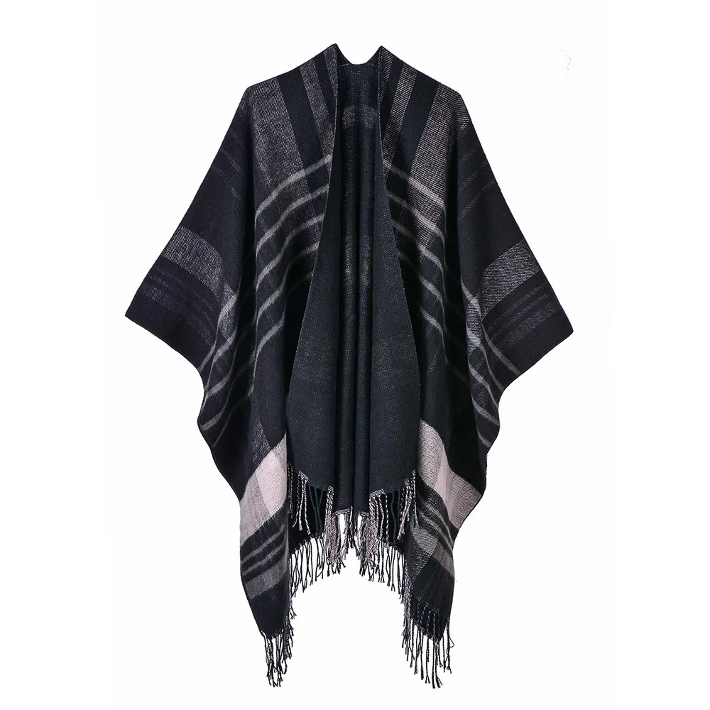 

Women's Scarf Lattice Tassel Imitation Cashmere Versatile Extra Thick Warm Shawl European American Cloak Cape Ponchos Black